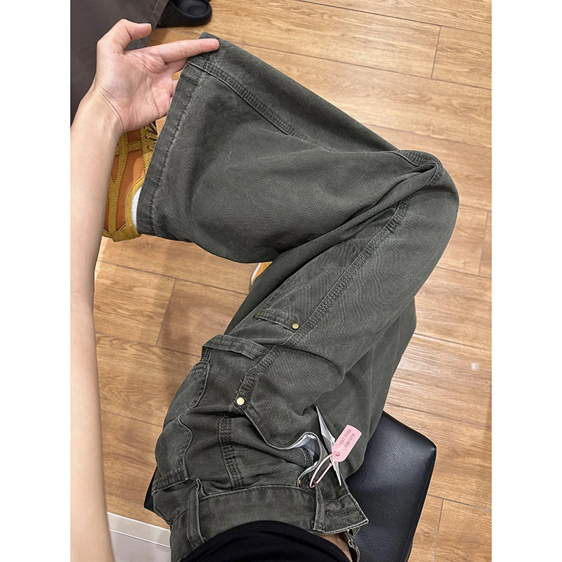 美式复古军绿色工装牛仔裤女夏季新款设计感显瘦直筒阔腿拖地裤子