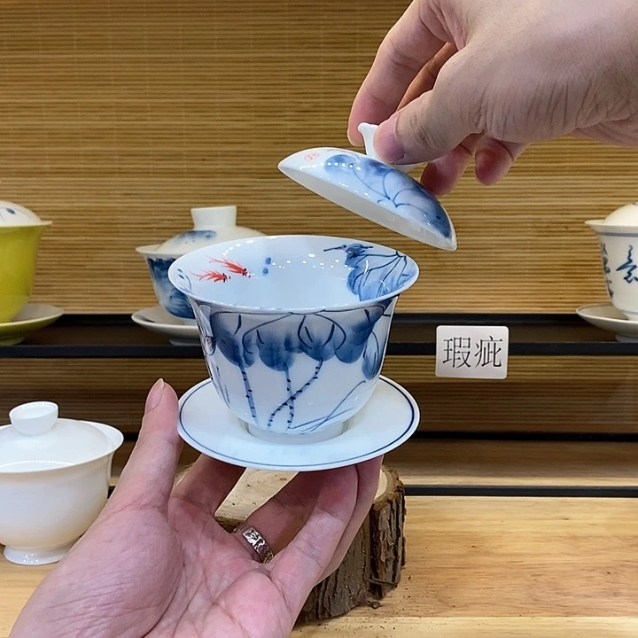 手绘内外绘荷花160cc一物一拍釉下彩微瑕款