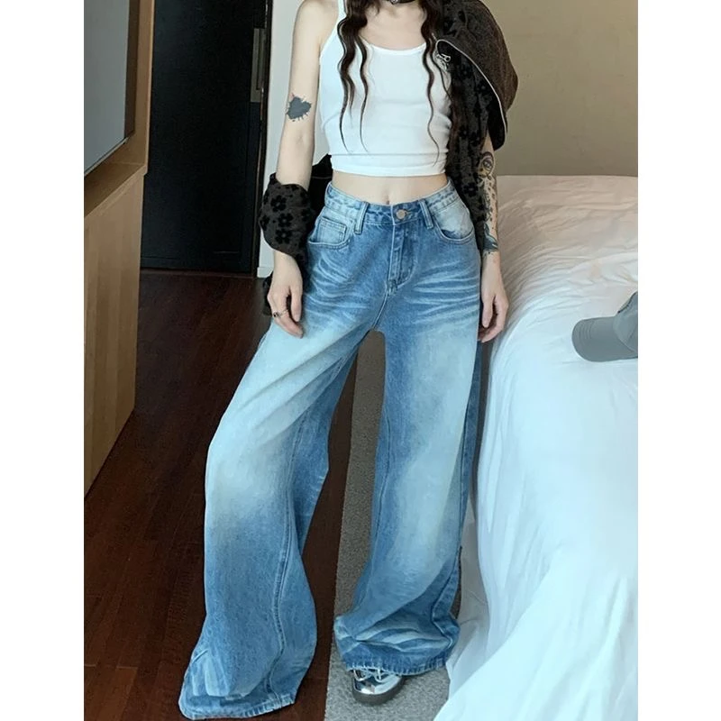 夏季复古常规长裤牛仔裤水洗高腰直筒拖地裤蓝色长裤