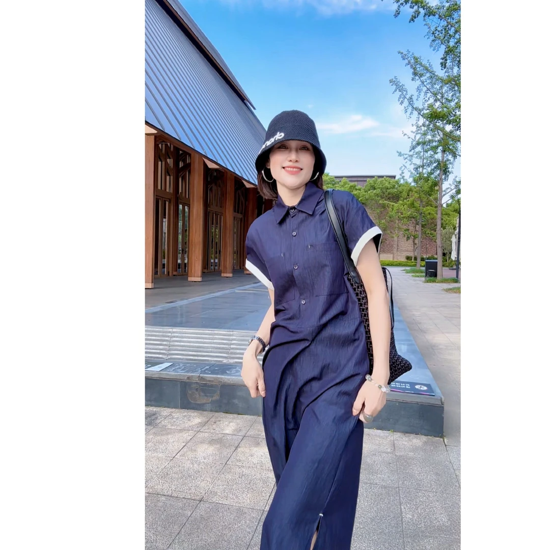 【安然】夏季薄款高腰休闲H型翻领显瘦宽松设计师减龄长裙3509