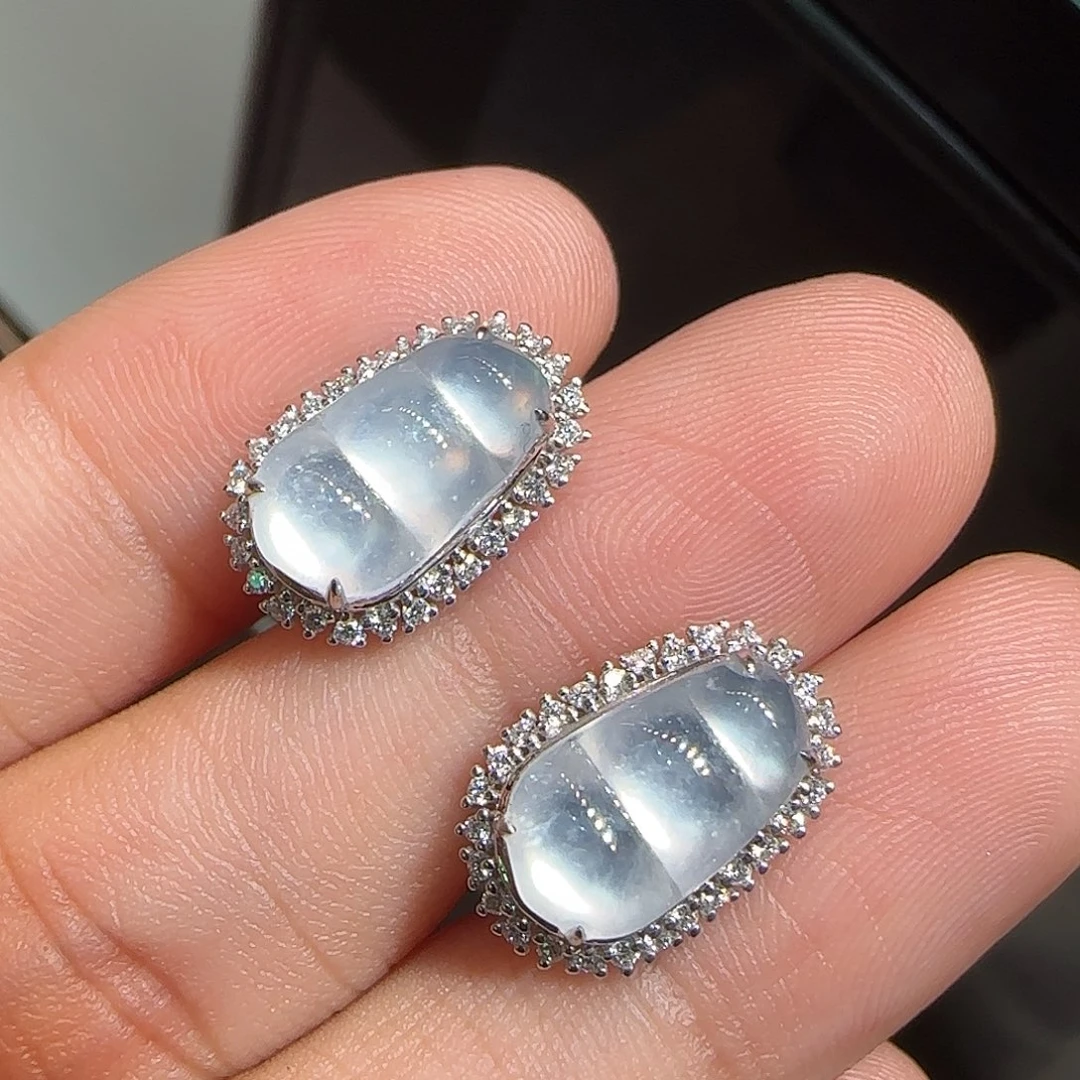 翡翠18K金镶嵌耳环福豆