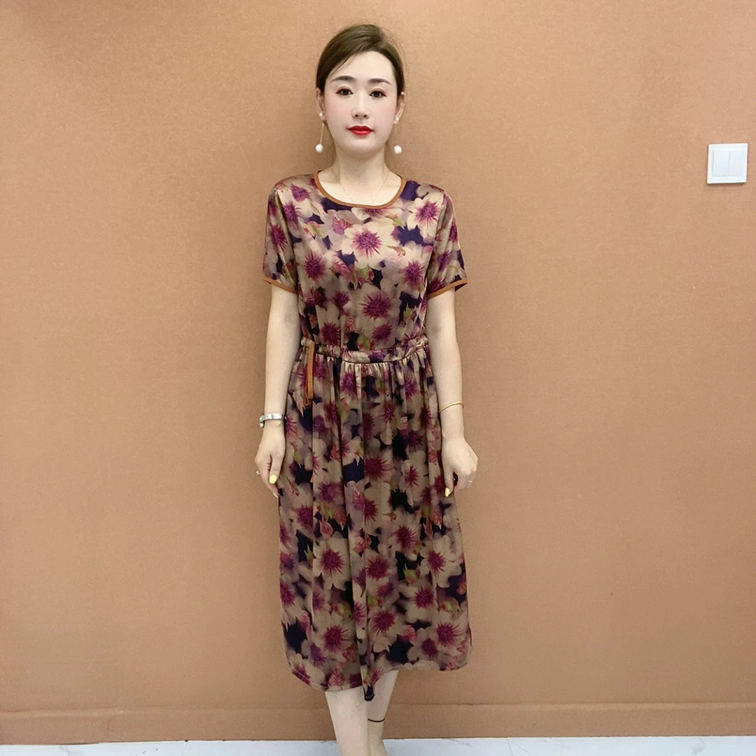 夏季提花半袖修身连衣裙时尚百搭中老年妈妈装洋气