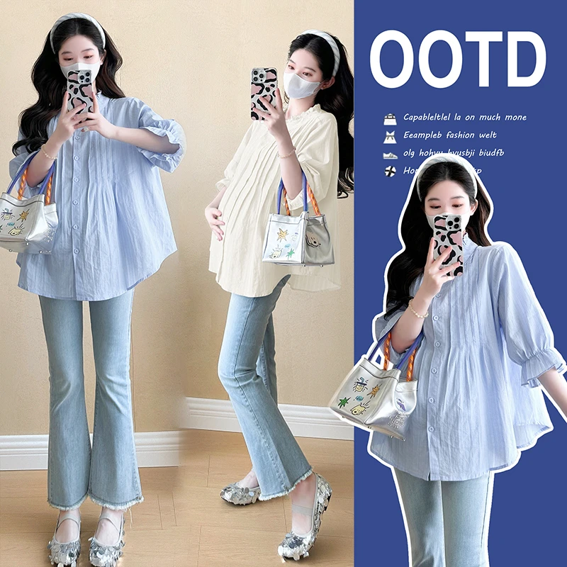 孕妇装夏季2025新款韩版小清新泡泡袖衬衫女宽松显瘦气质孕妇上衣