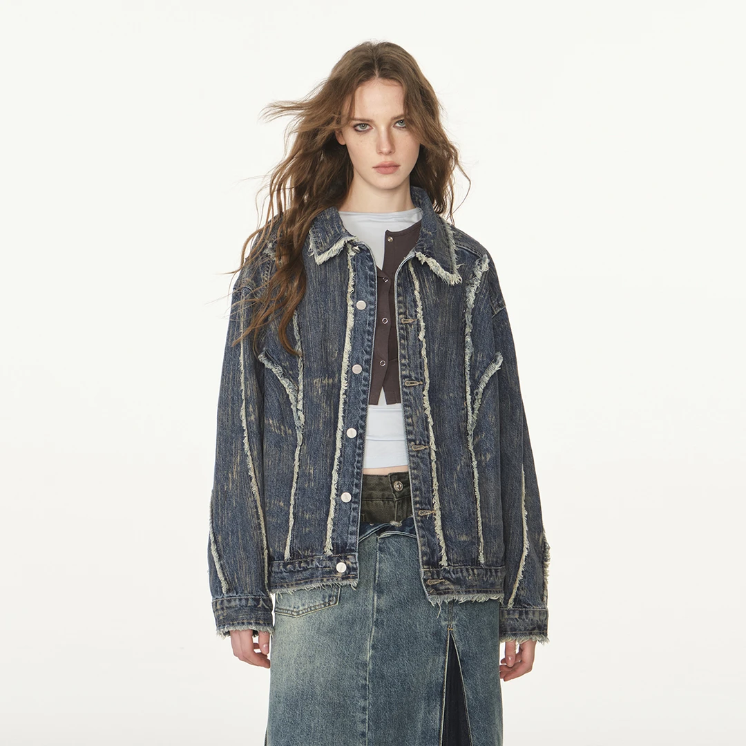 FORNINES设计感微短款毛边流苏水洗牛仔夹克男女潮牌春季美式外套