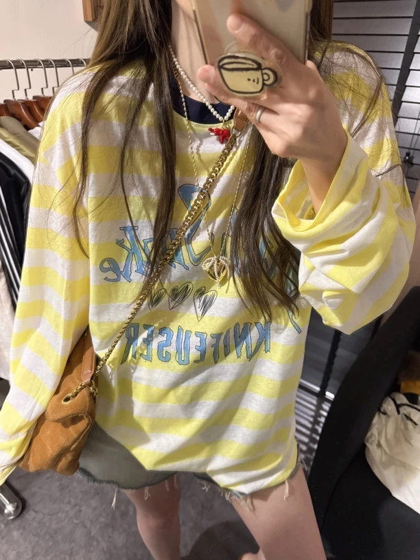 【思含】宽松条纹字母印花长袖防晒T(春)