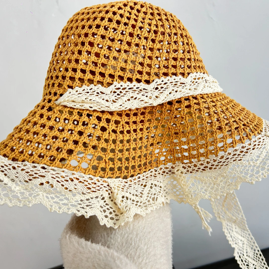 草帽ins韩版系带镂空草编帽女夏出游防晒沙滩太阳帽蕾丝边遮阳帽
