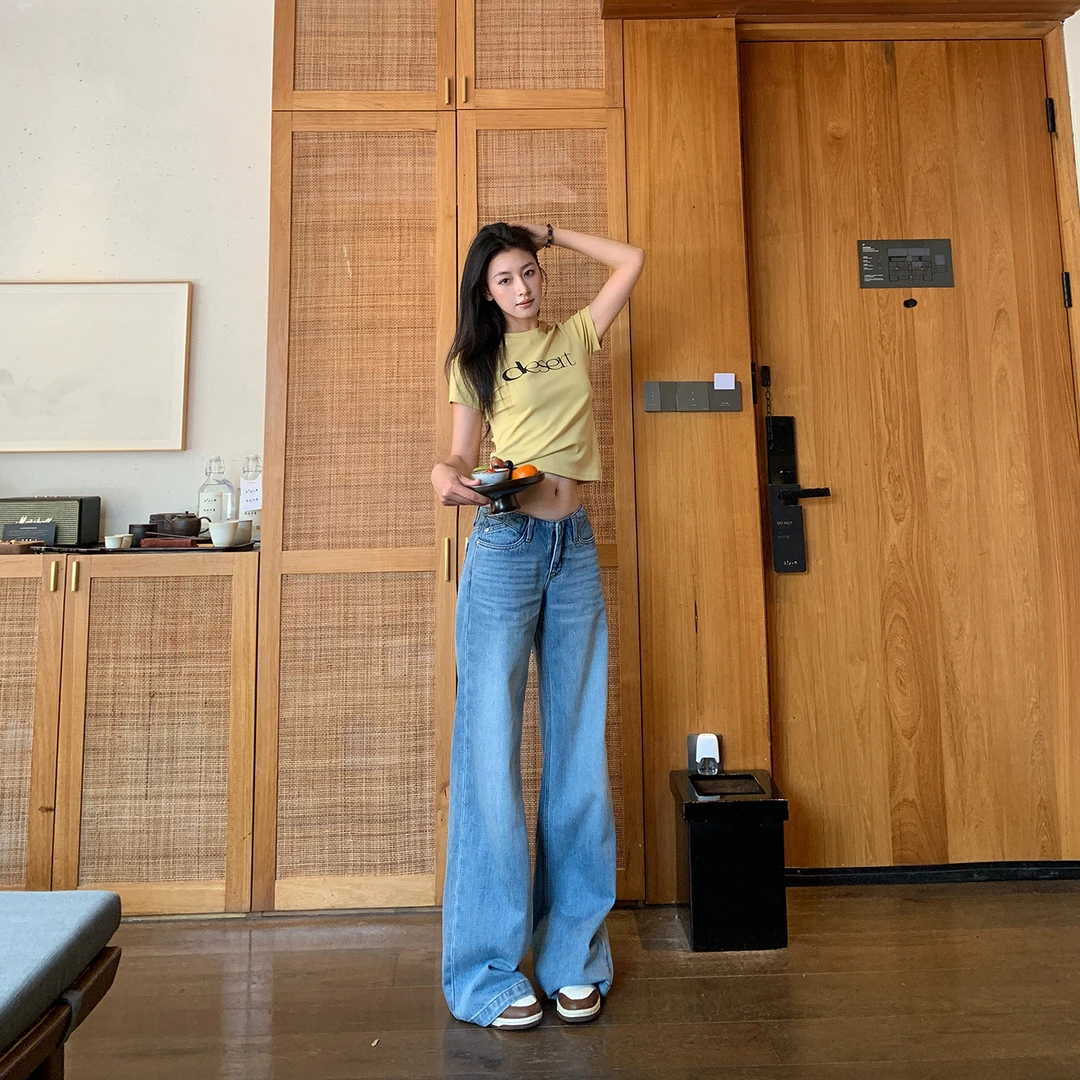 【三亚篇】25SS夏季无腰头凉感薄款复古水洗低腰垂感直筒牛仔裤女