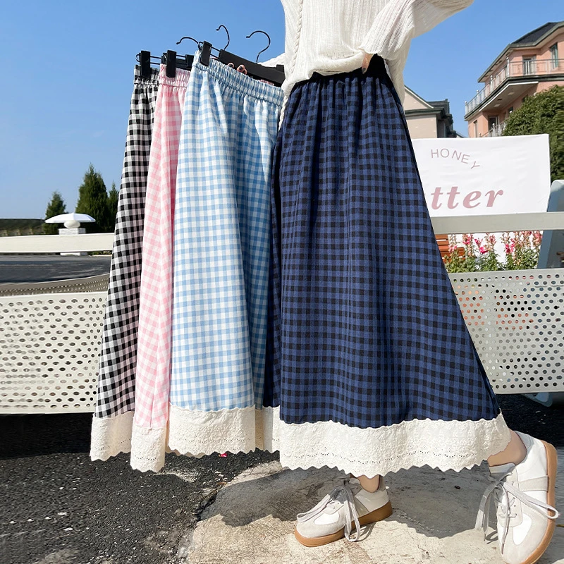 学院风格子花边半身裙复古休闲高腰显瘦A字中长裙女夏季