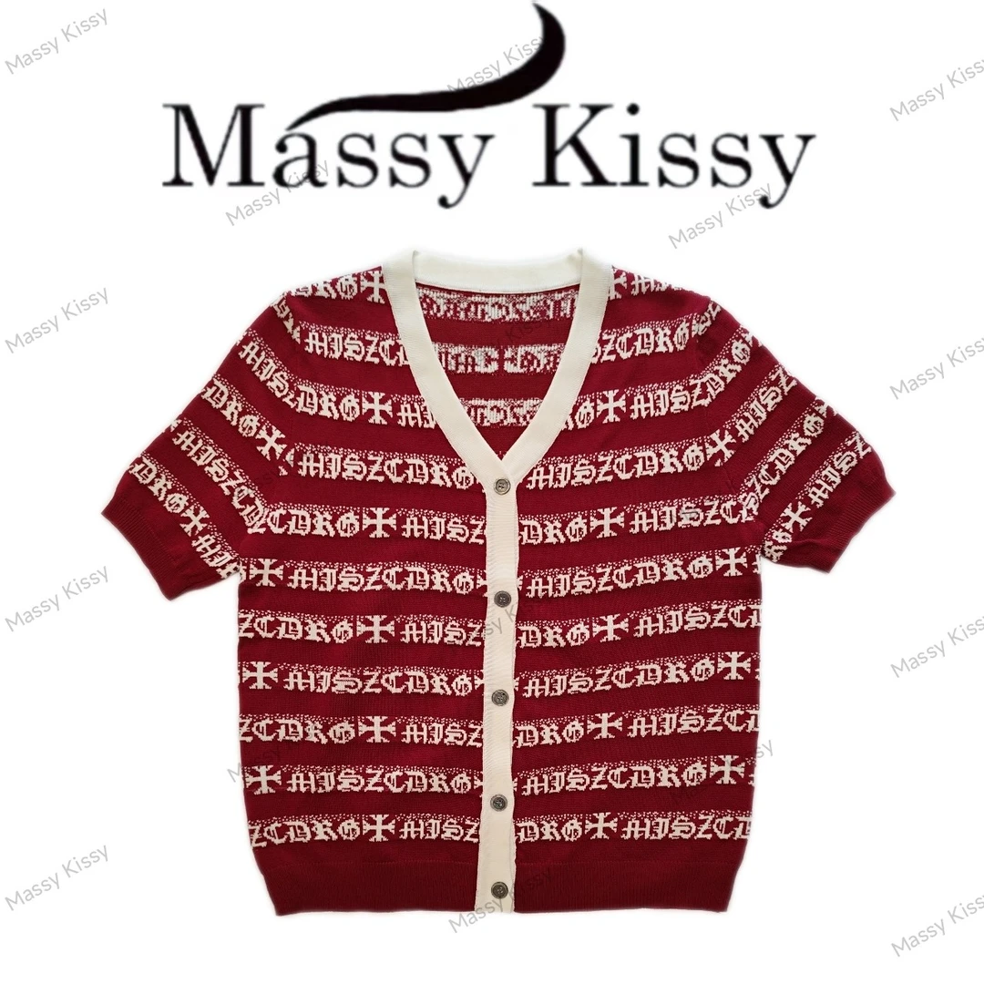 2025夏季新款小众设计感V领提花条纹短袖显瘦条纹针织开衫825#