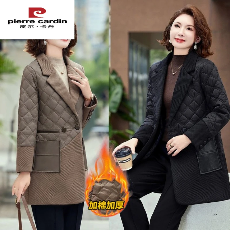 皮尔卡丹中老年真绒棉衣女中长款秋冬新款洋气质时尚棉服夹棉拼接