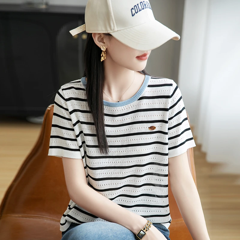 圆领镂空撞色条纹针织短袖女宽松显瘦镂空半袖套头T恤上衣夏季薄