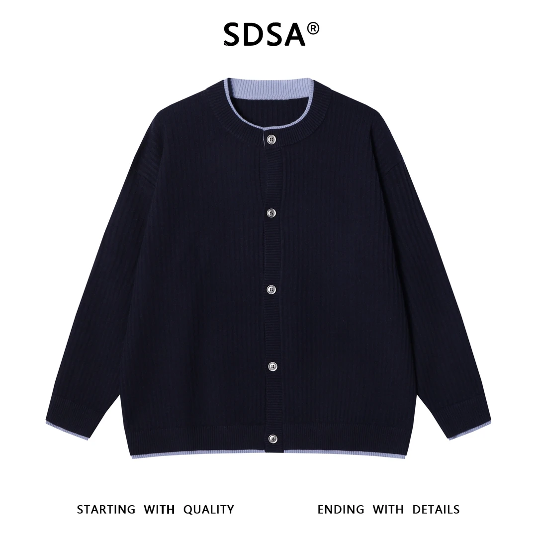 SDSA秋冬新款痞帅男装慵懒风竖纹纽扣圆领假两件开衫针织毛衣百搭