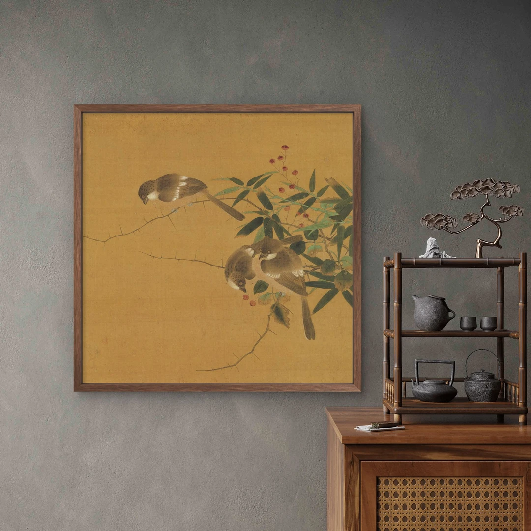 9599-40*40花鸟8中式装饰画木框玄关书房茶室客厅挂画