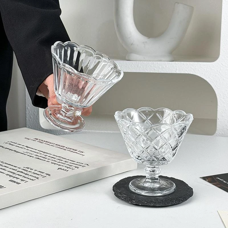 复古浮珠花边甜品高脚杯竖纹玻璃杯冰淇淋布丁杯家用酸奶雪糕杯