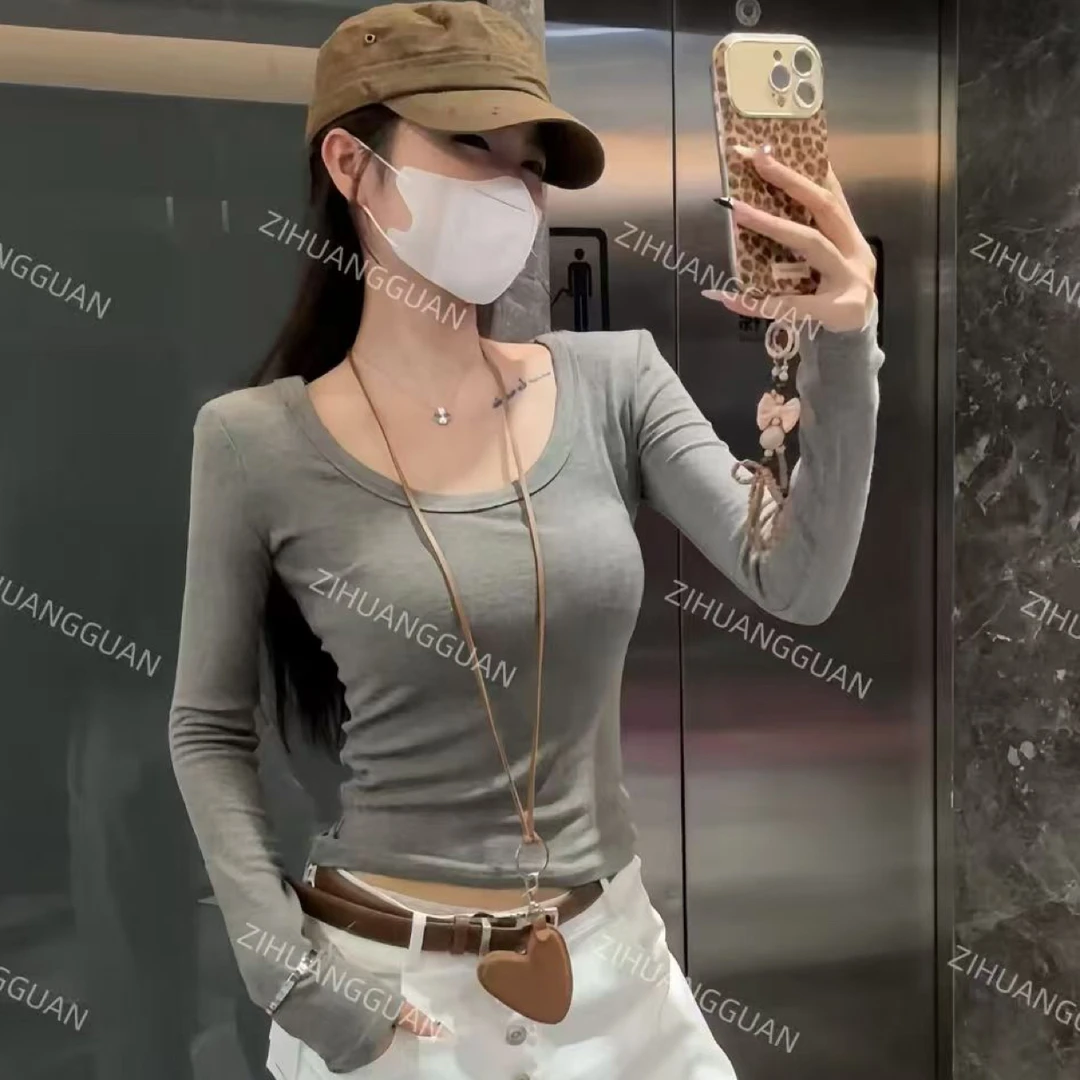 新款秋季磨毛加绒U领纯欲辣妹收腰百搭长袖打底上衣