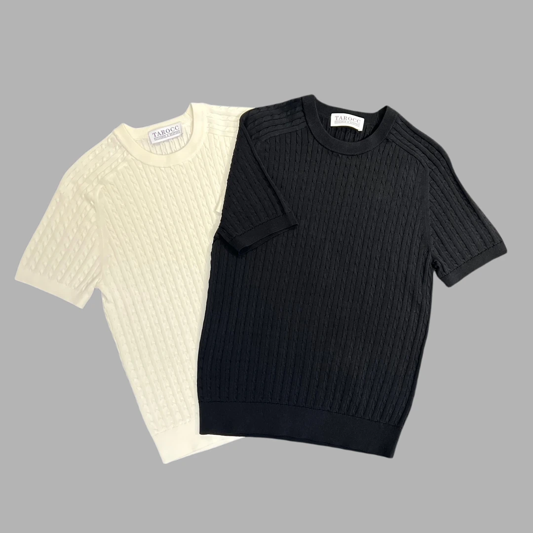 TAROCC时尚男士丝光长绒棉扭花织法马鞍肩圆领针织短袖T恤(简约)