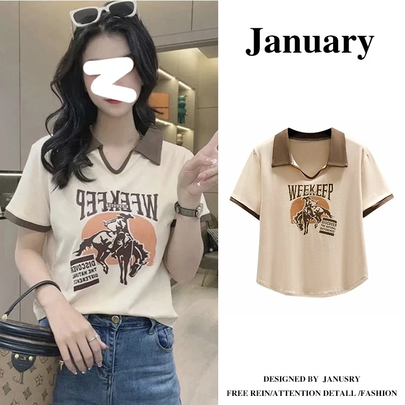 大码胖mm撞色翻领短袖t恤女2025年夏季新款显瘦遮肚正肩印花上衣