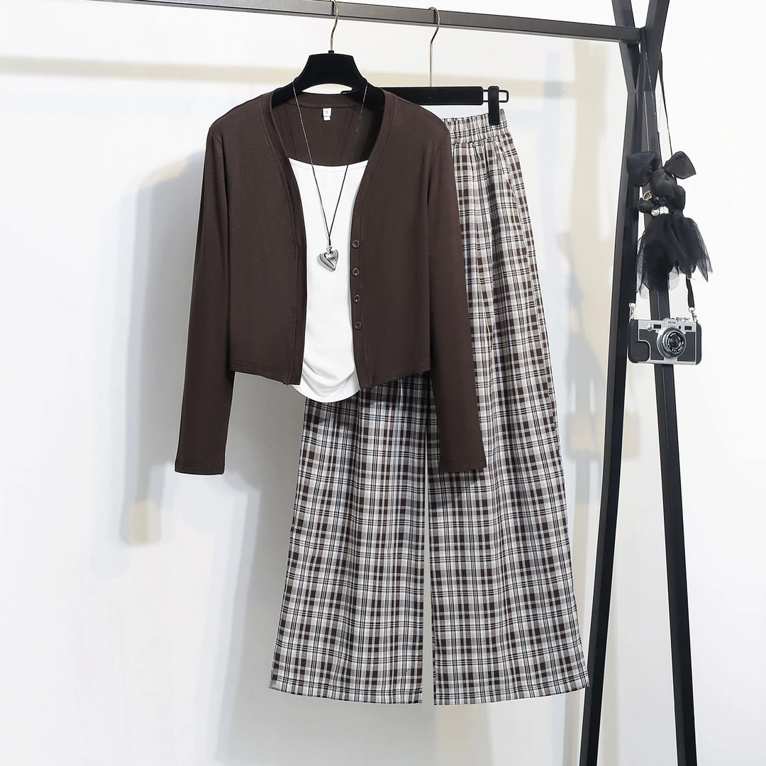 拉夏贝尔开衫套装女2025新款秋季高级洋气小个子格子阔腿裤三件套