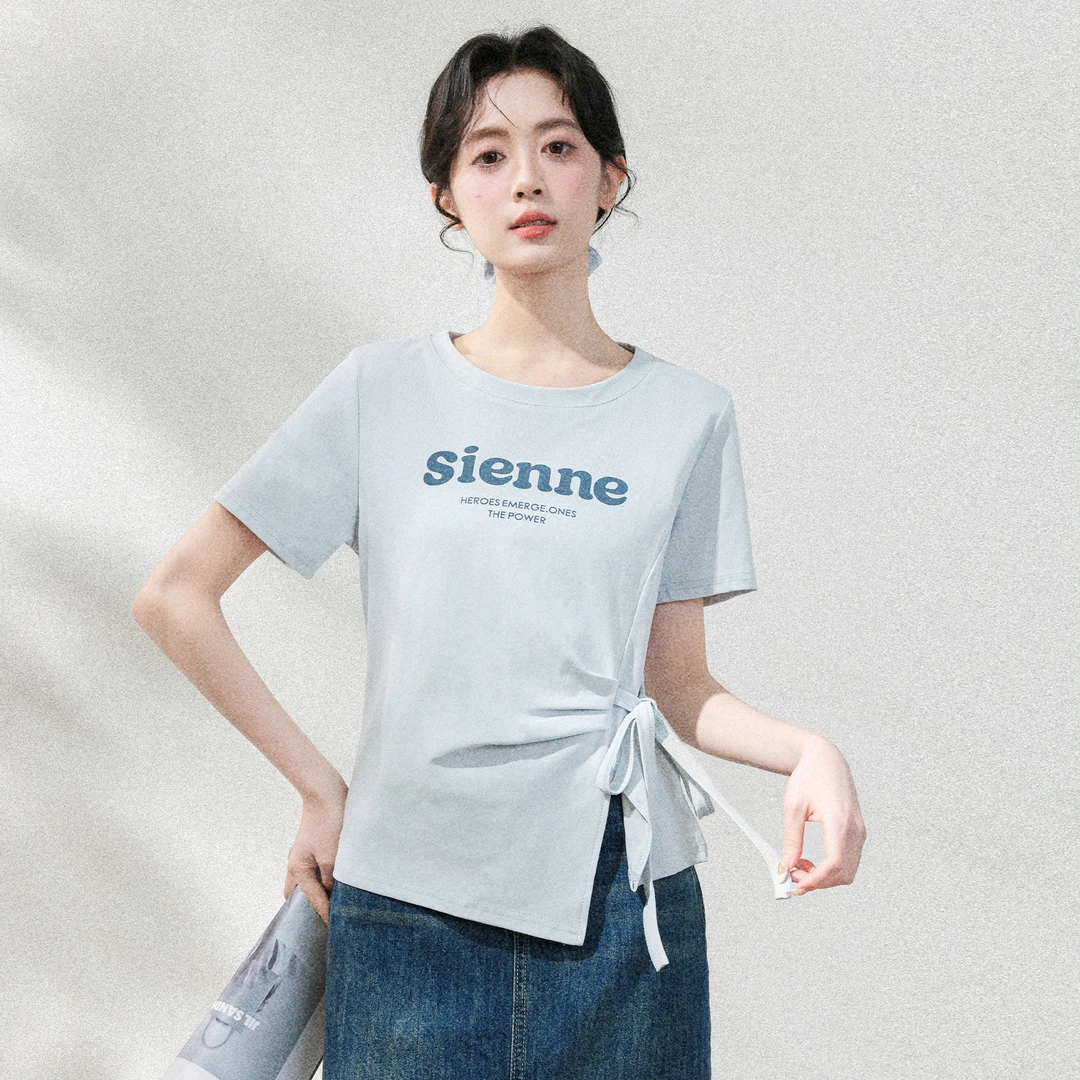 蓝色圆领短袖T恤女2025夏季新款字母印花不规则系带体恤正肩上衣