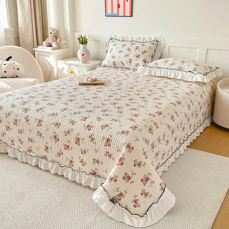 ★春夏新款有氧双层纱花边床盖亲肤防滑夹棉单床盖四季通用
