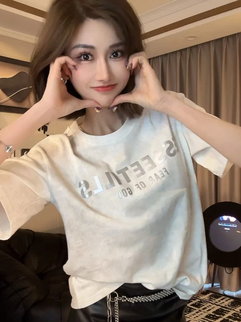 扎染短袖t恤女夏季新款字母潮牌渐变设计感宽松大版上衣