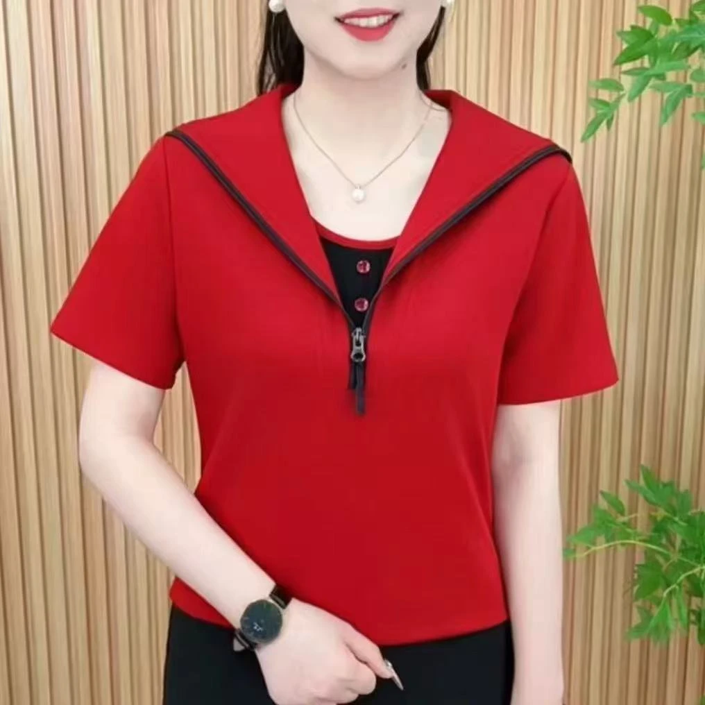 2025夏季时尚洋气新款海军领拉链撞色百搭显瘦减龄短袖25024