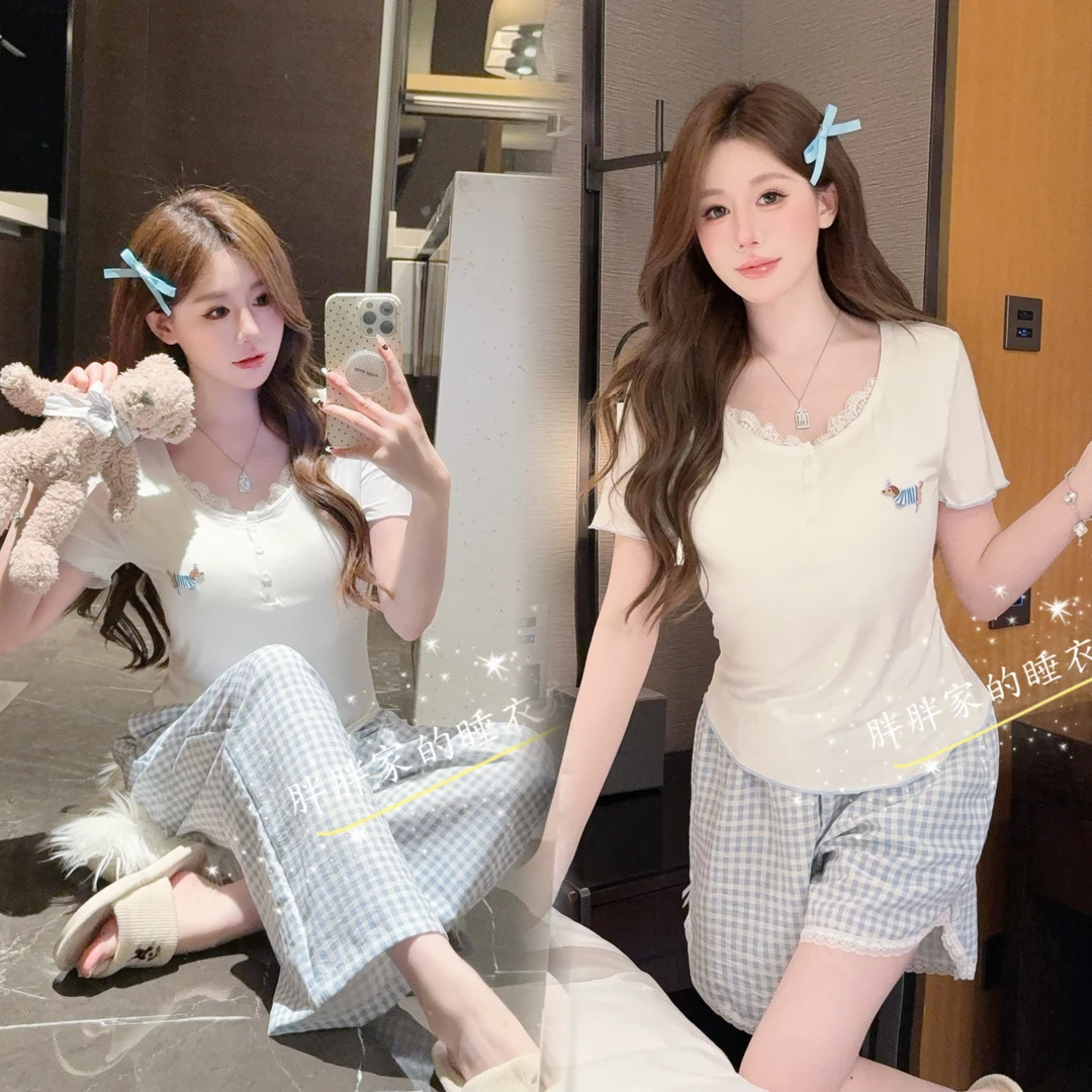 【半夏青柠】睡衣女夏季套装甜美纯欲带胸垫可外穿短袖小清新家居服