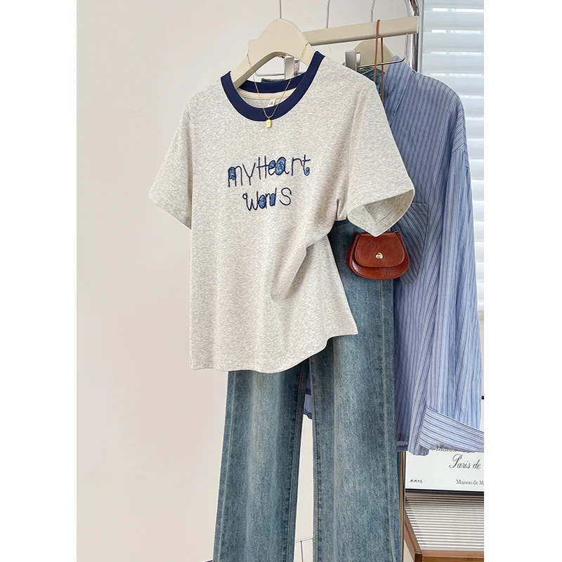 高级感撞色圆领短袖亮片刺绣字母独特小众T恤女夏季薄款休闲上衣