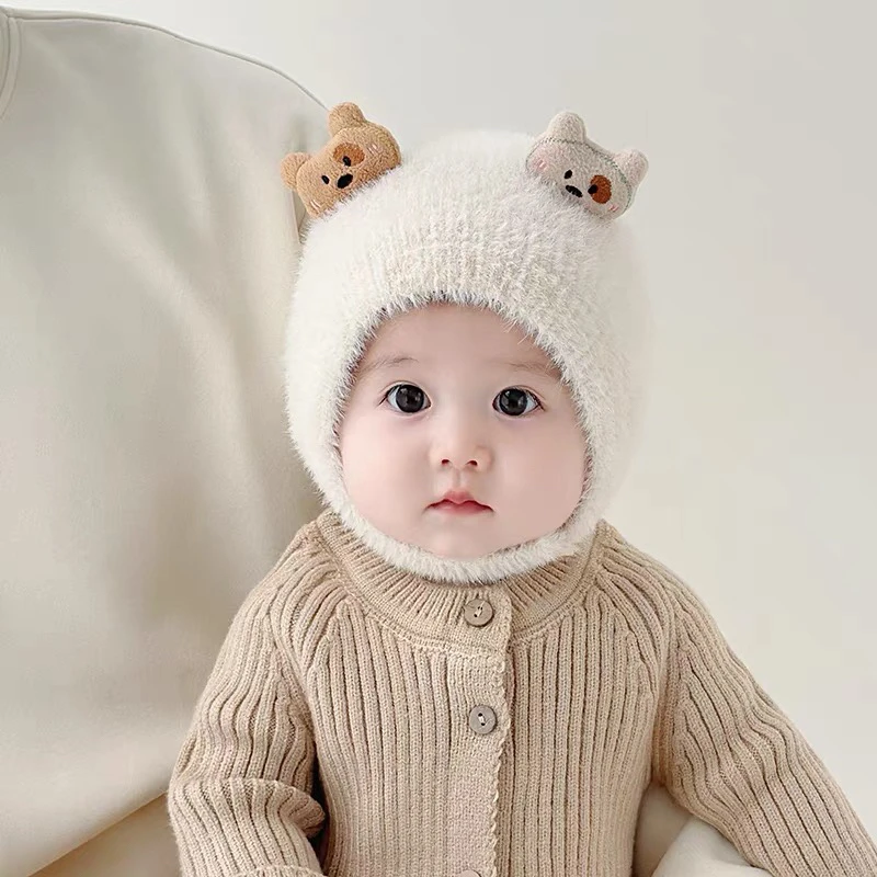 婴儿帽子秋冬季超萌针织小熊护耳帽小月龄男女宝宝加厚防风毛绒帽
