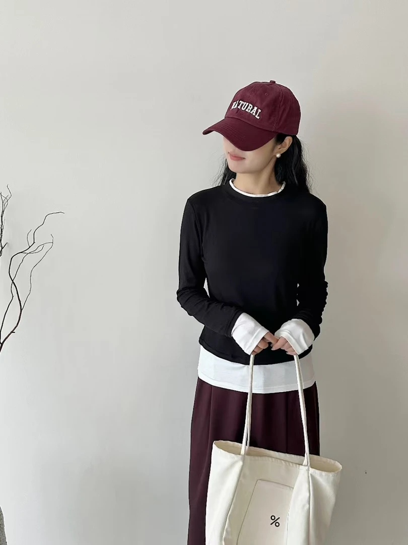 新款撞色拼接假两件女款打底软糯亲肤弹力显瘦经典百搭设计感长袖