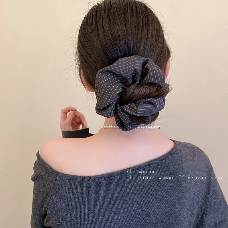 秋冬韩系灰色条纹大肠发圈女慵懒感气质高级盘发低丸子头马尾头绳