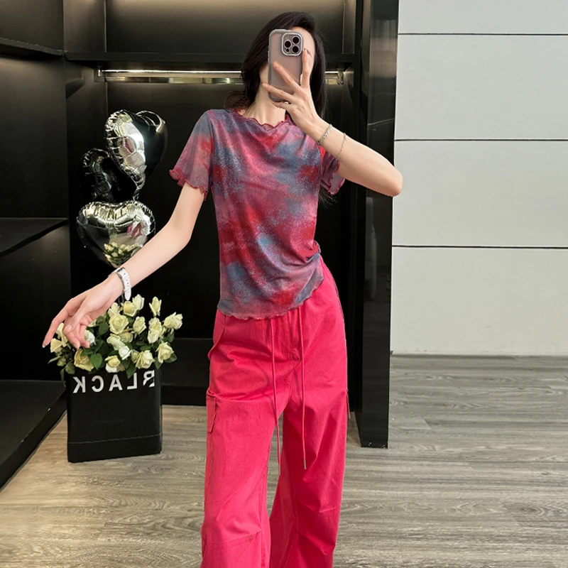 多巴胺时尚休闲套装女2025夏季新款玫红色圆领短袖上衣长裤两件套