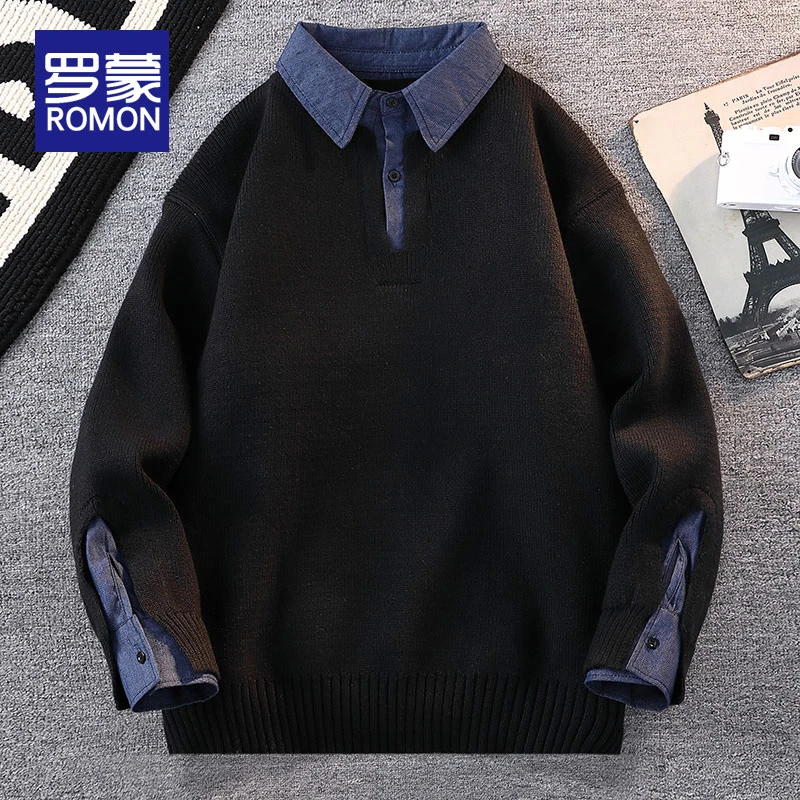 罗蒙秋冬款衬衫领假两件毛衣男士宽松时尚冬季保暖针织打底衫男款