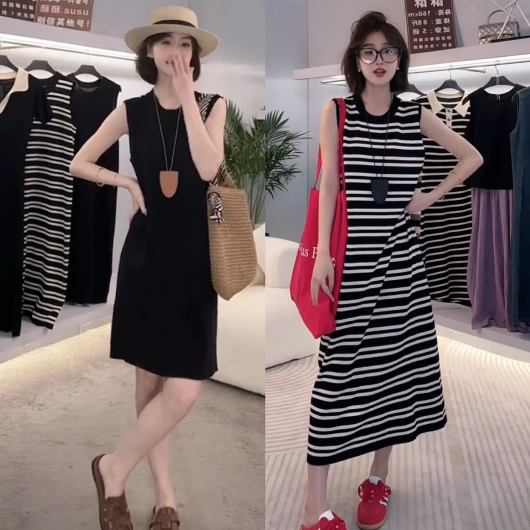 裙子女款爆款2025新款夏季法式轻奢时尚修身条纹连衣裙女无袖长裙