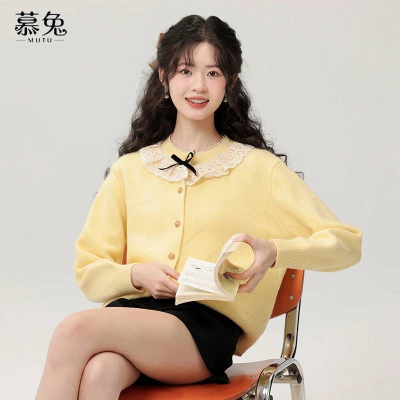 慕兔法式软糯色毛衣外套女2024新款秋季宽松针织开衫蝴蝶结上衣