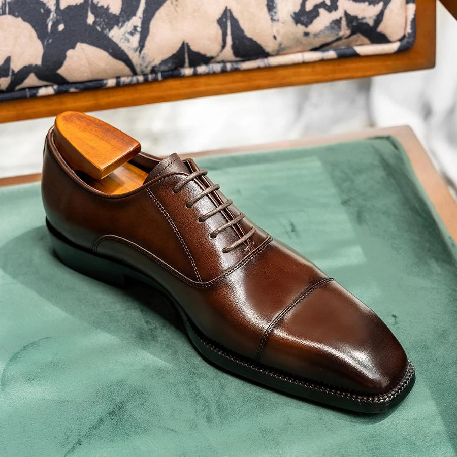 男士三接头牛津皮鞋真皮商务正装英伦男鞋小方头高档牛皮皮鞋