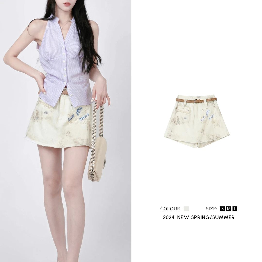 夏季时尚气质重工烫钻复古毛边百搭短款裤裙L592220
