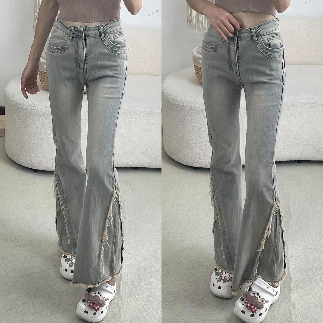 特大码女装复古做旧毛边微喇牛仔裤子女胖mm显瘦高腰修身喇叭裤潮