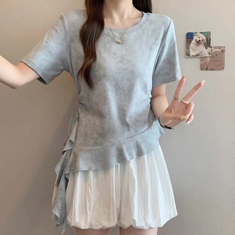 大码胖mm显瘦扎染正肩短袖t恤女夏季设计感小众不规则下摆上衣服