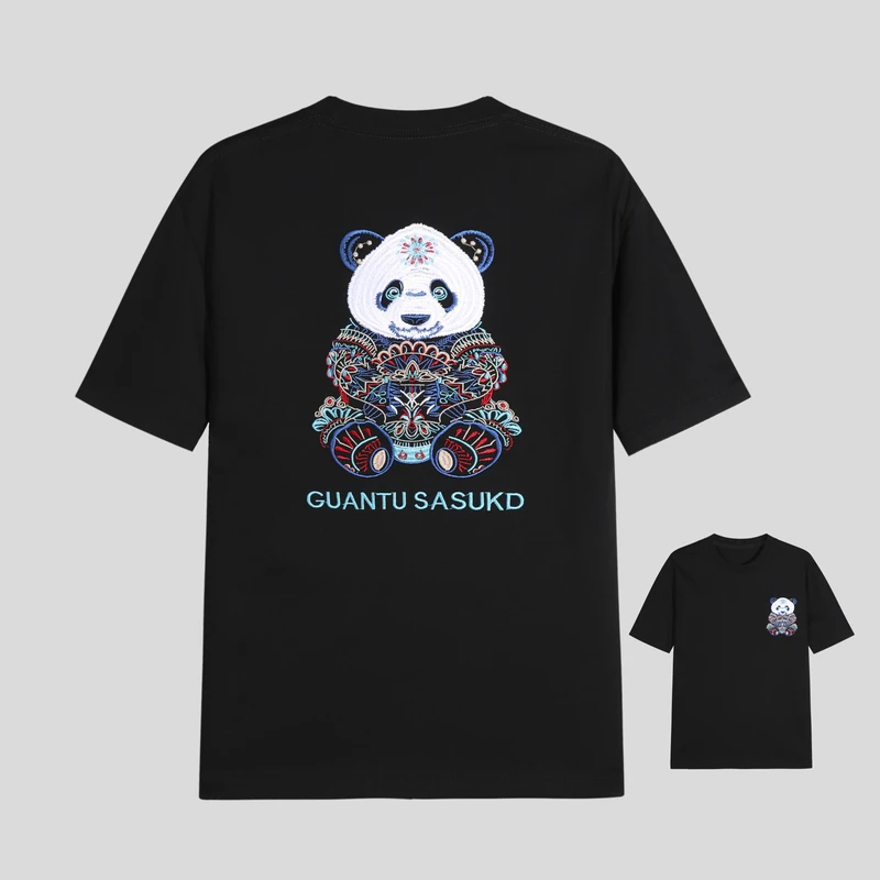 319欧货2025潮牌刺绣七彩老花熊猫短袖T恤男女同款情侣半袖