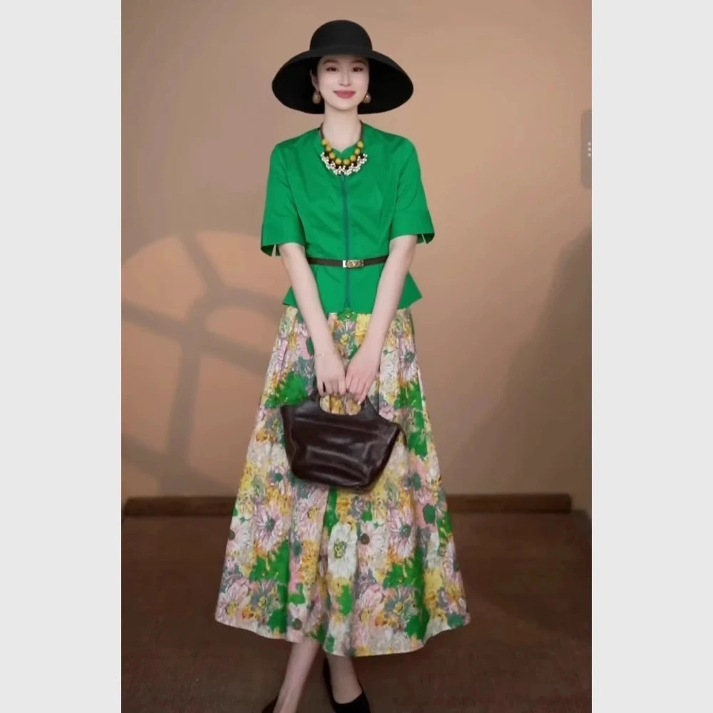 现货 夏季多巴胺绿色衬衫短袖花裙子套装女2025优雅知性一整套