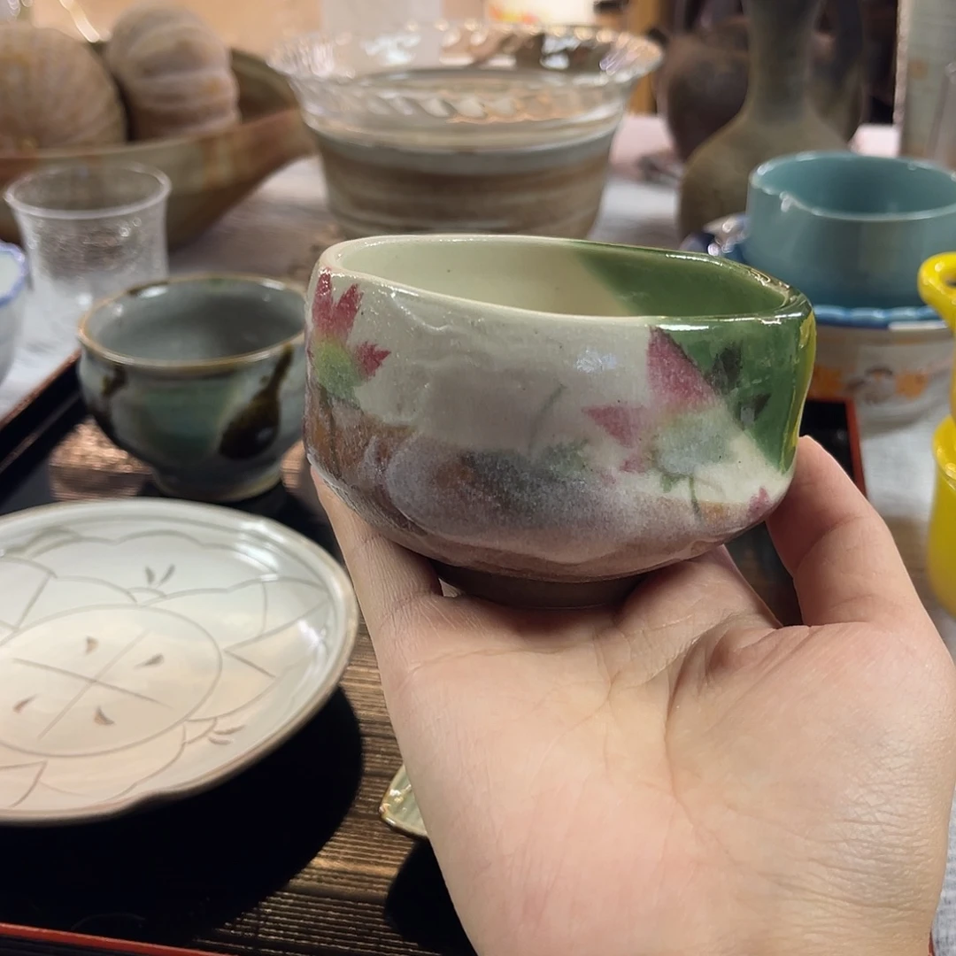 野***子瓷片粗陶樱花粉绿小钵