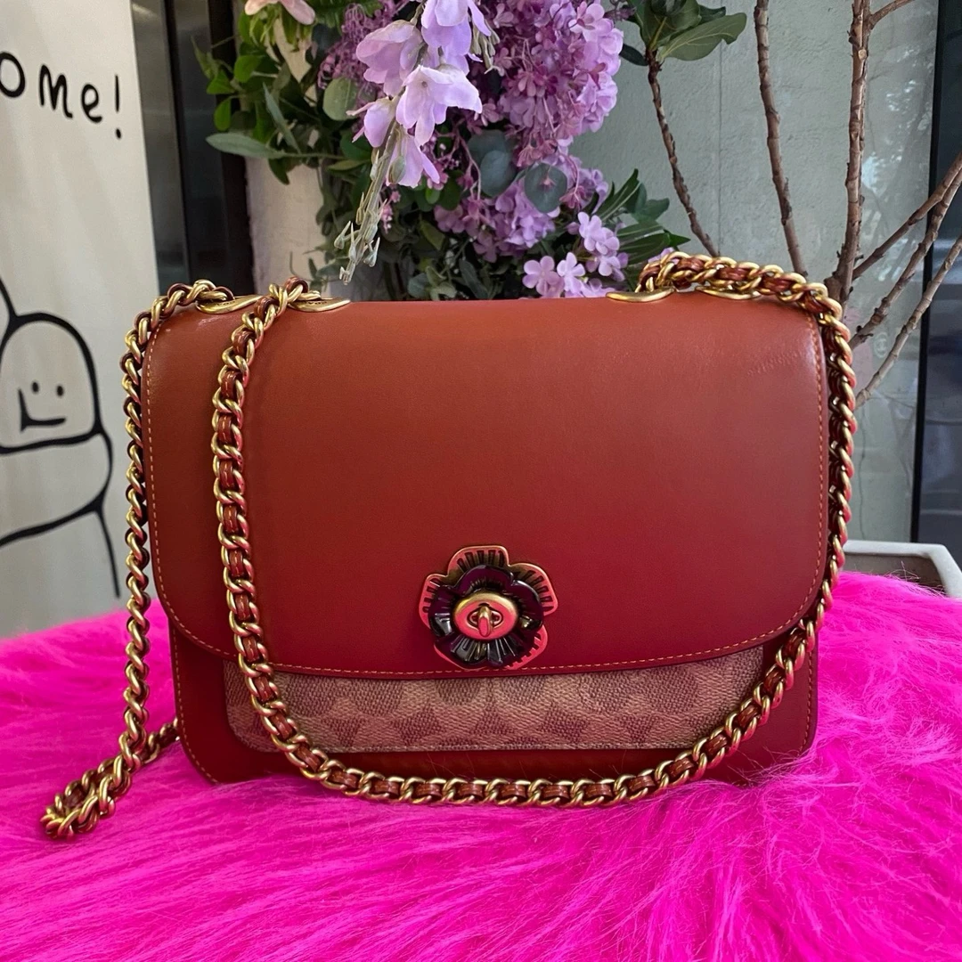 95新 COACH/蔻驰 山茶花牛皮链条单肩斜挎包