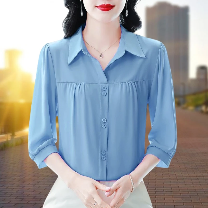 气质时尚纯色雪纺衫七分袖上衣妈妈装夏季洋气透气薄款百搭小衫