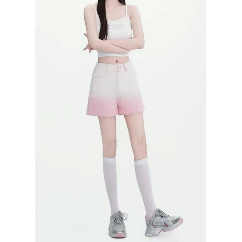 小雅姐姐 夏季彩色渐变晕染系扣设计款牛仔短裤IS77