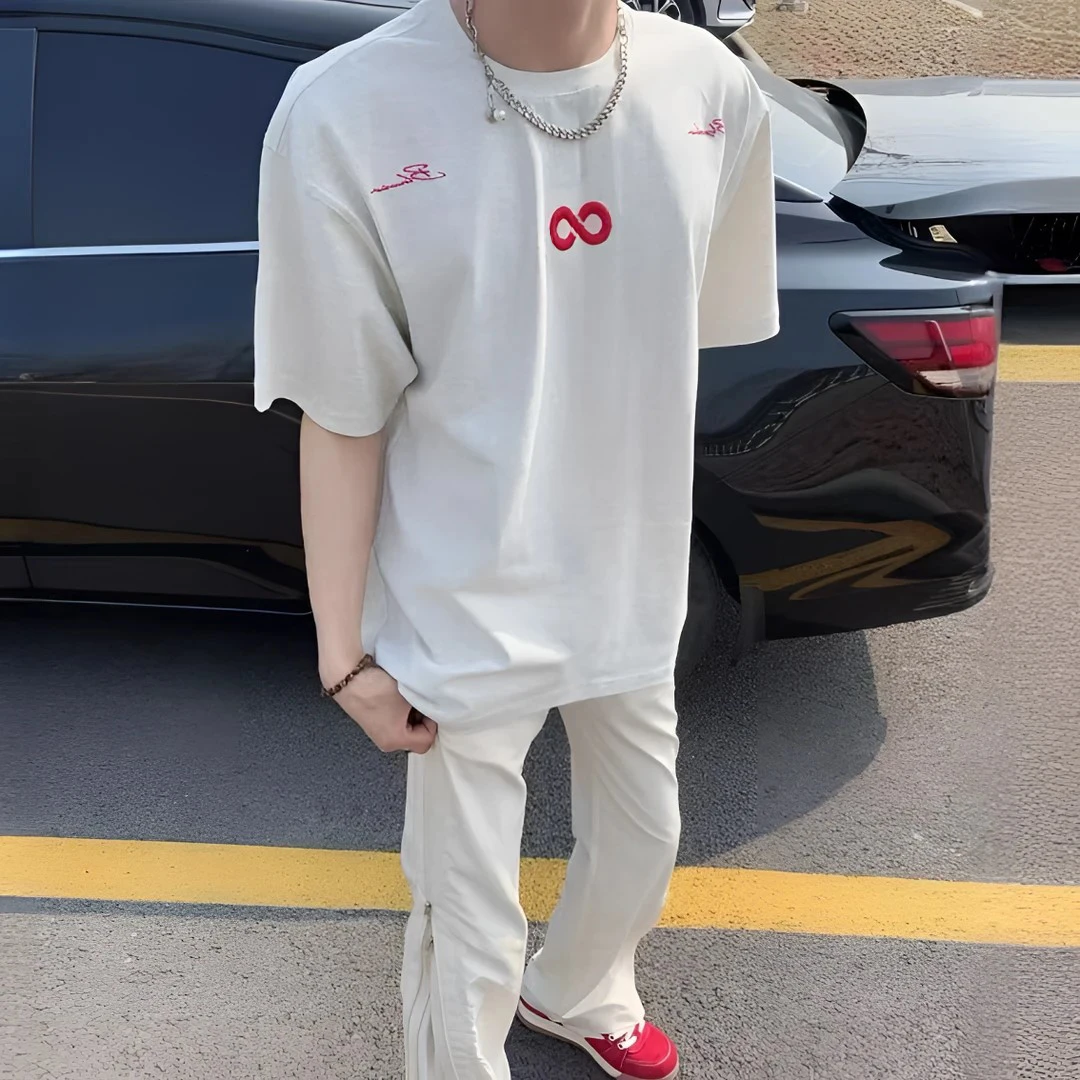 新款夏季短袖T恤男国潮断开字母刺绣纯棉宽松百搭上衣男女同款t恤