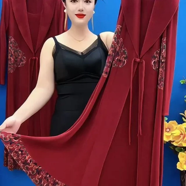 中年妈妈时尚民族风扣假两件套风衣裙修身Look拼接中长裙套装