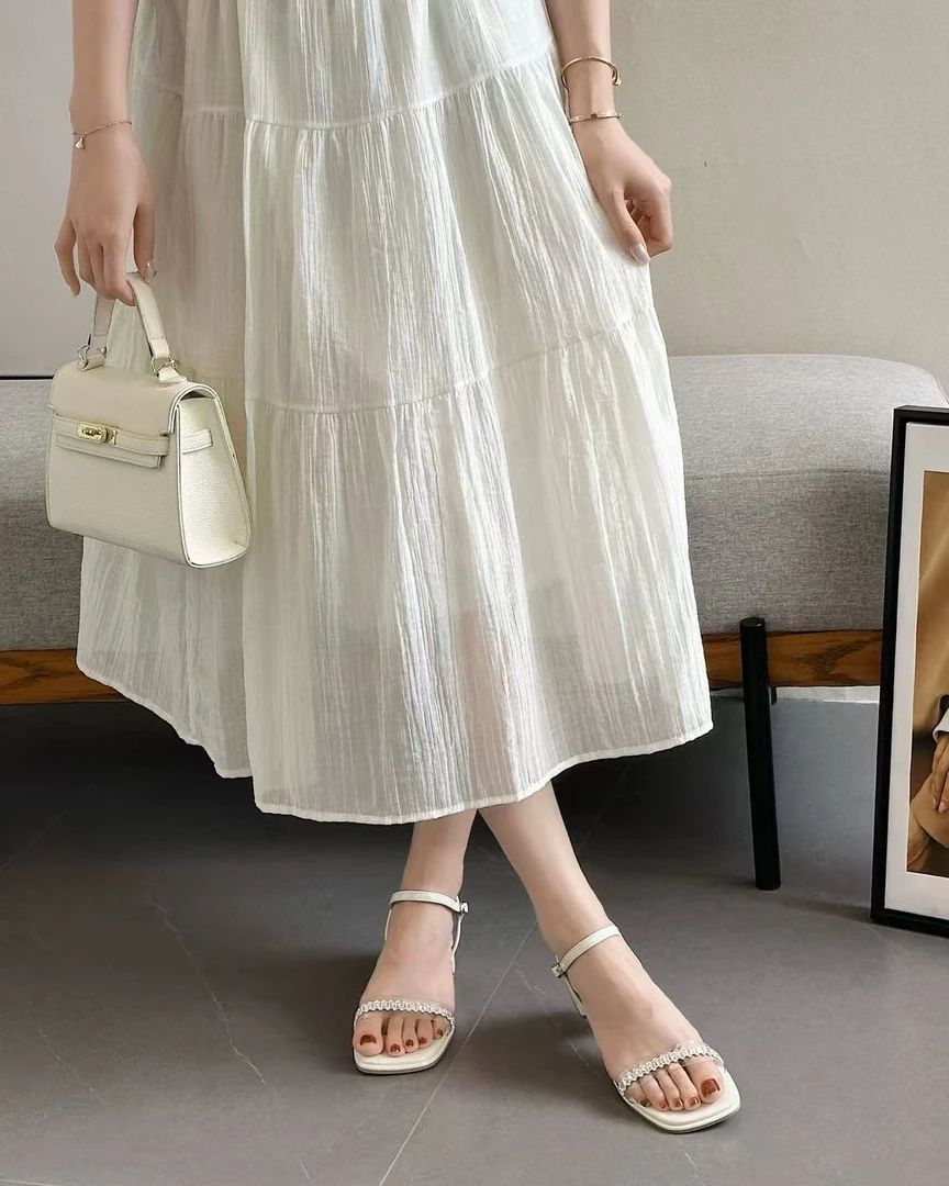 夏季一字带水钻粗跟露趾仙女风高跟鞋凉鞋32219