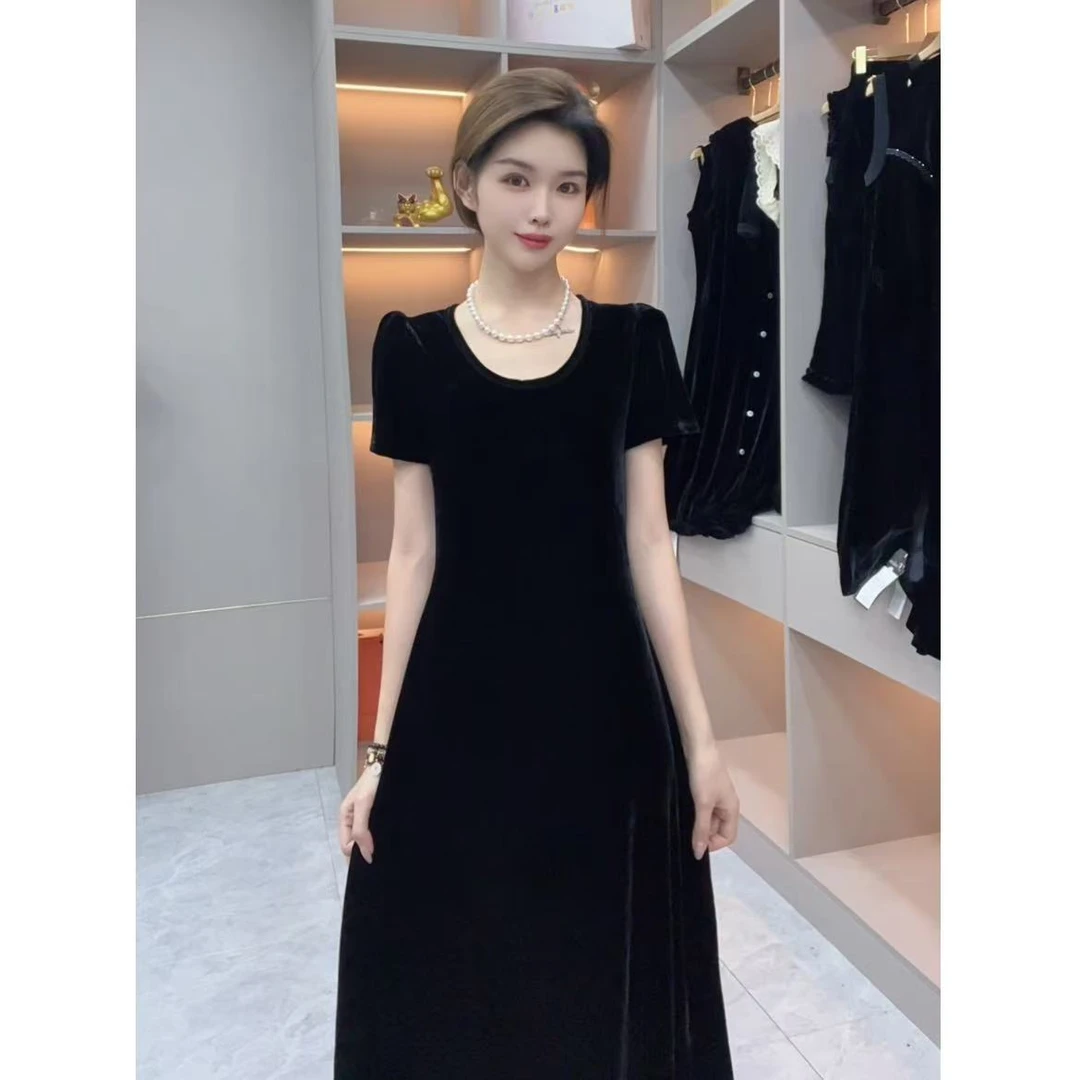 8011高级感丝绒短袖美背款2025新品泡泡袖显瘦气质长裙