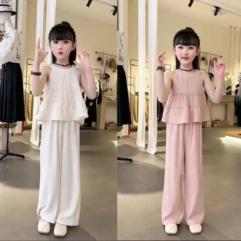 女童无袖套装夏装2025新款韩版洋气儿童雪纺薄款阔腿裤两件套